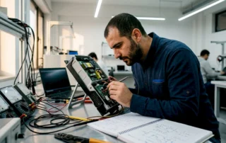 Un tecnico al lavoro mentre controlla un inverter fotovoltaico sul banco di prova.