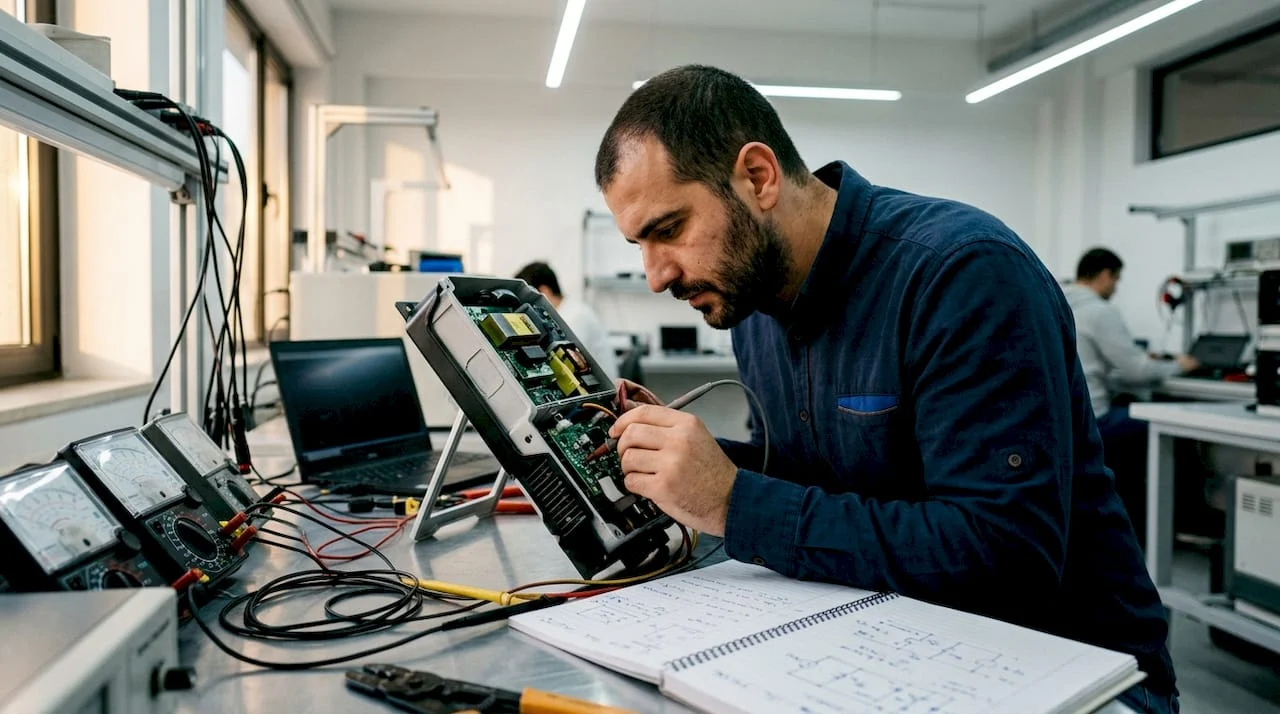 Un tecnico al lavoro mentre controlla un inverter fotovoltaico sul banco di prova.