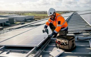 Un tecnico al lavoro sull’impresa: sta montando pannelli solari sul tetto per rendere l’azienda più sostenibile.