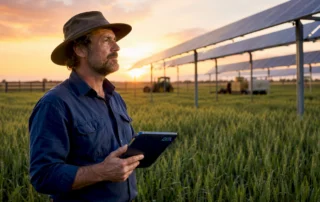 Un ingegnere agronomo sta valutando l’efficacia dei pannelli solari installati nei campi per integrare la produzione agricola con quella energetica.