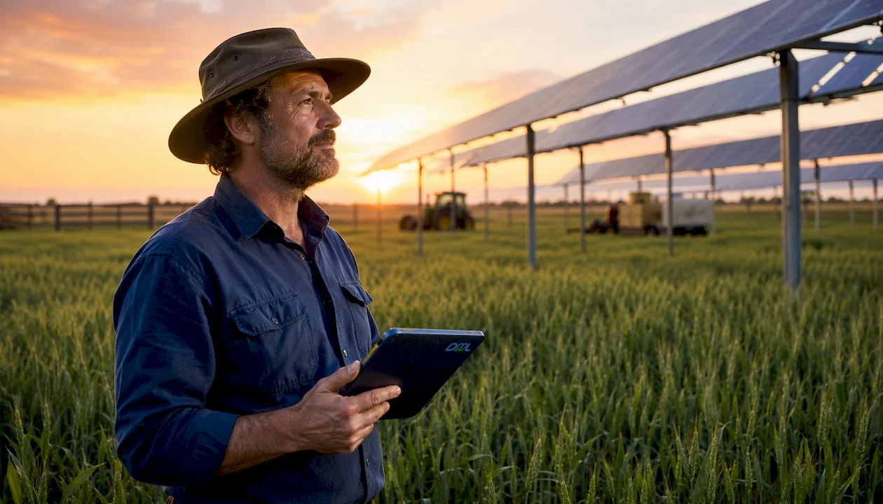 Un ingegnere agronomo sta valutando l’efficacia dei pannelli solari installati nei campi per integrare la produzione agricola con quella energetica.