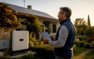 Un uomo controlla il sistema di accumulo dell’energia solare all’aperto.