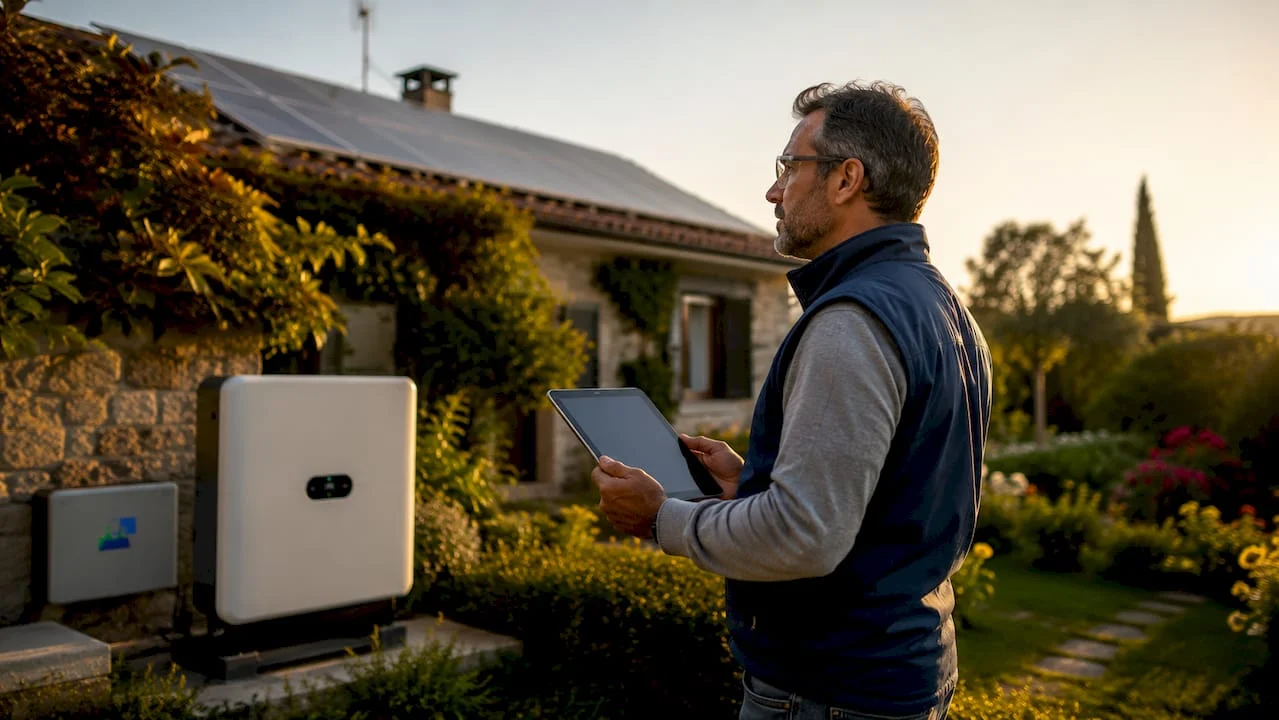 Un uomo controlla il sistema di accumulo dell’energia solare all’aperto.