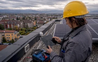 Un tecnico sta effettuando la manutenzione dei pannelli fotovoltaici installati sul tetto di un edificio.