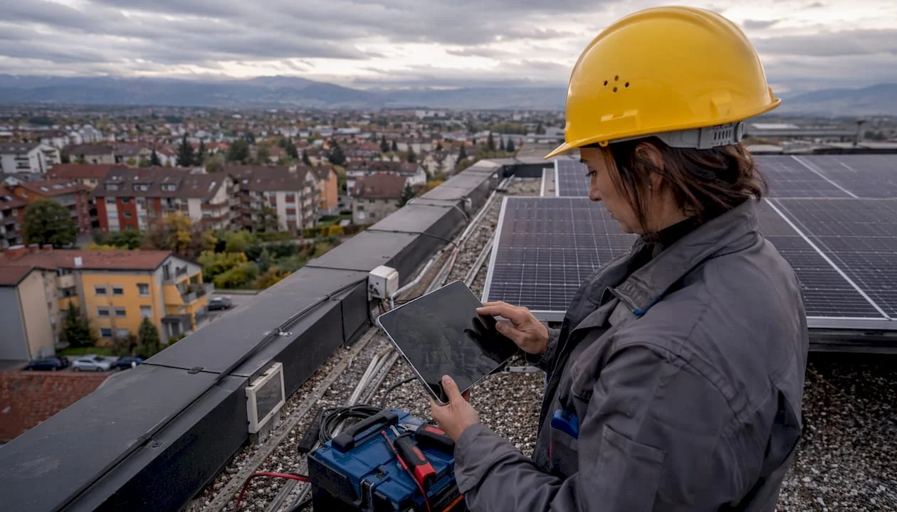 Un tecnico sta effettuando la manutenzione dei pannelli fotovoltaici installati sul tetto di un edificio.