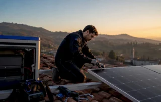 Un tecnico sta montando dei pannelli solari sul tetto di una casa.