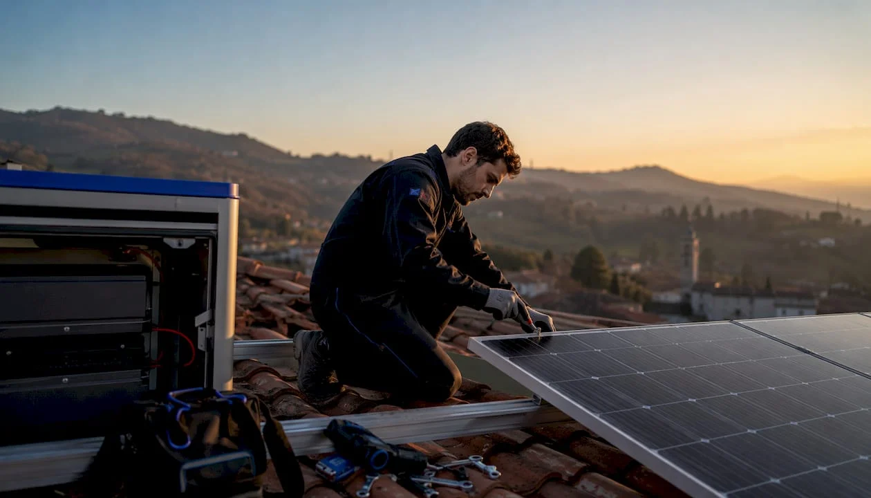Un tecnico sta montando dei pannelli solari sul tetto di una casa.