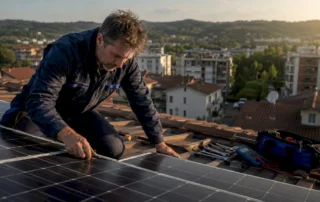 Un tecnico specializzato effettua la manutenzione dei pannelli solari sul tetto di un edificio a Milano.