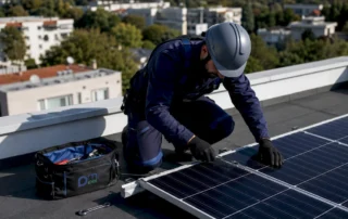 Un tecnico sta montando un pannello solare sul tetto di una casa.