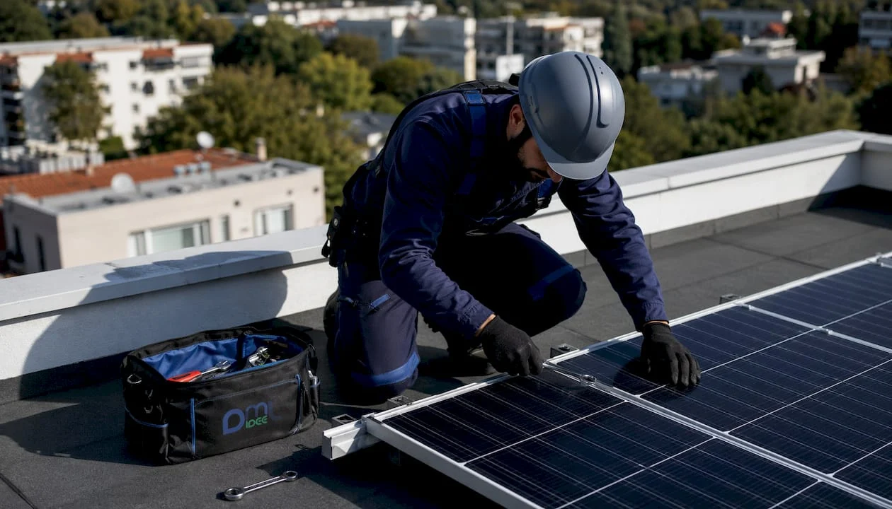 Un tecnico sta montando un pannello solare sul tetto di una casa.