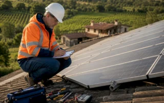 Un tecnico sta effettuando un controllo sui pannelli solari installati sul tetto.