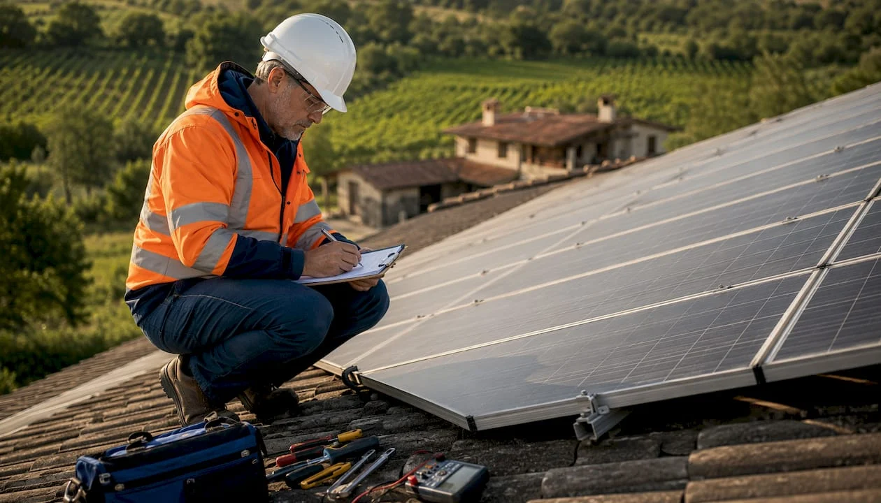 Un tecnico sta effettuando un controllo sui pannelli solari installati sul tetto.