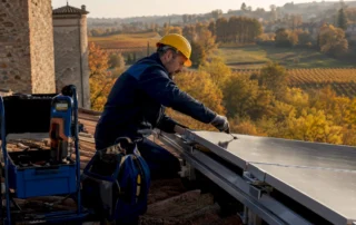 Un tecnico specializzato si occupa dell’installazione di pannelli solari su un tetto in Lombardia.