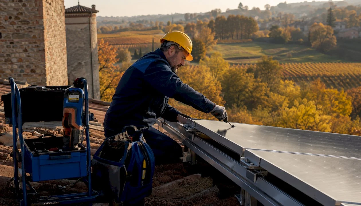 Un tecnico specializzato si occupa dell’installazione di pannelli solari su un tetto in Lombardia.