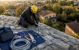 Un tecnico specializzato monta la linea vita sul tetto, garantendo la massima sicurezza durante i lavori.