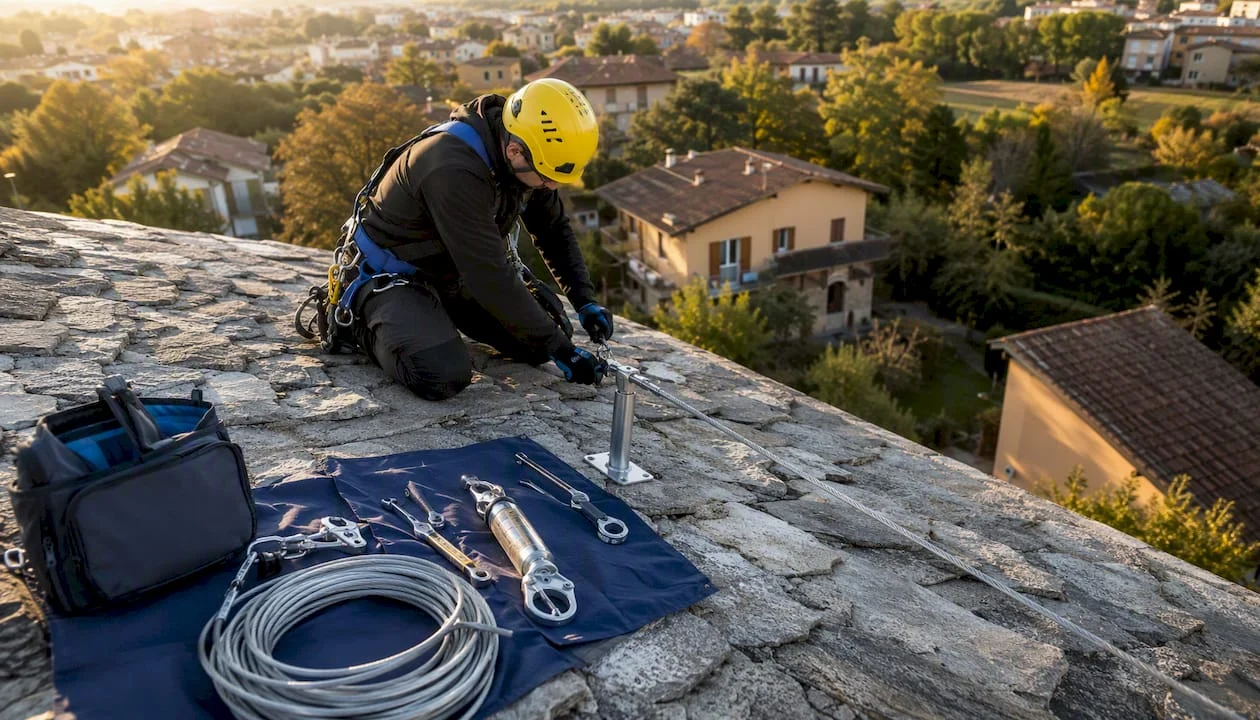 Un tecnico specializzato monta la linea vita sul tetto, garantendo la massima sicurezza durante i lavori.