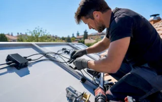 Un tecnico specializzato sta installando gli ottimizzatori sui pannelli solari per migliorarne l’efficienza.