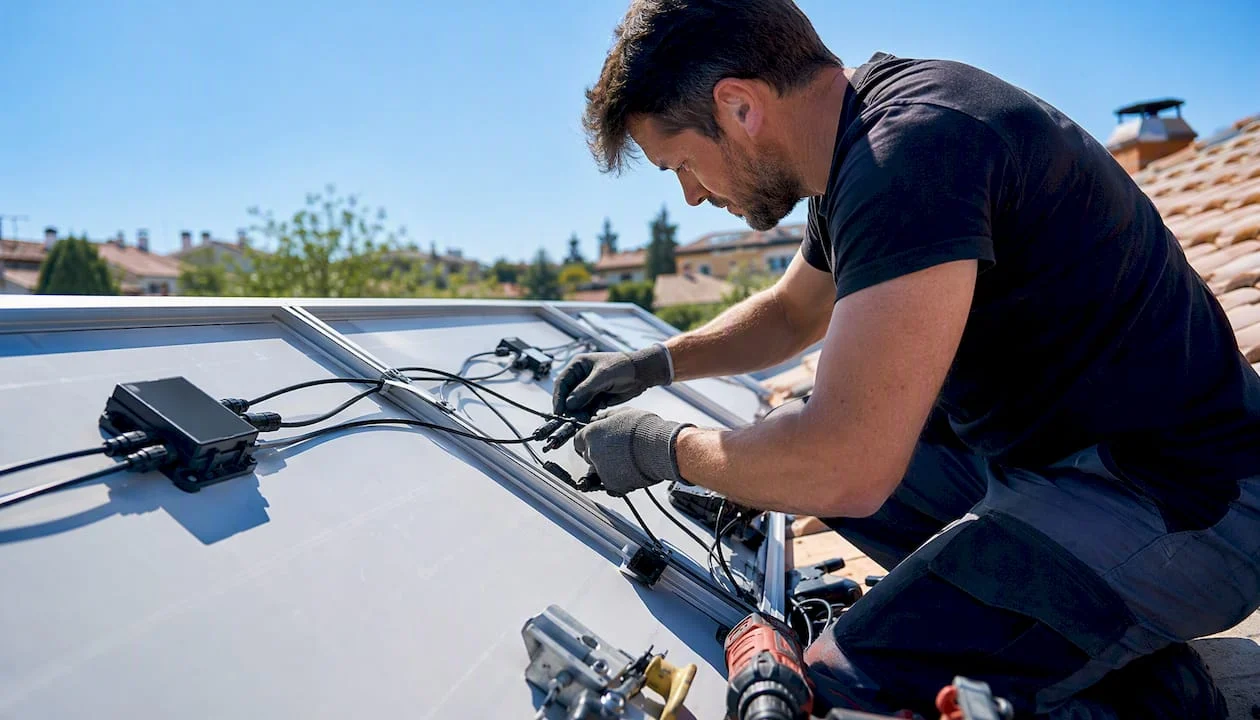 Un tecnico specializzato sta installando gli ottimizzatori sui pannelli solari per migliorarne l’efficienza.