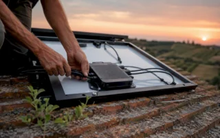 Montaggio di un microinverter su un pannello fotovoltaico da parte di un tecnico sul tetto