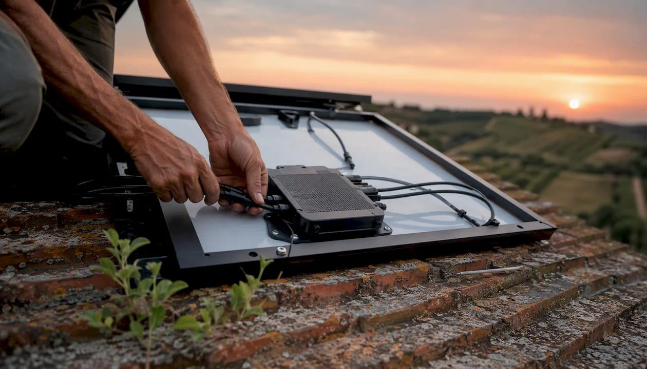 Montaggio di un microinverter su un pannello fotovoltaico da parte di un tecnico sul tetto