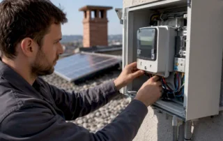 Tecnico al lavoro sulla regolazione del contatore solare bidirezionale