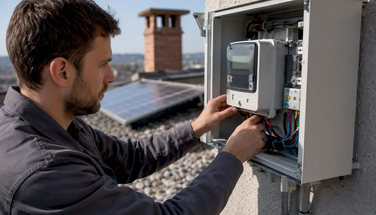 Tecnico al lavoro sulla regolazione del contatore solare bidirezionale