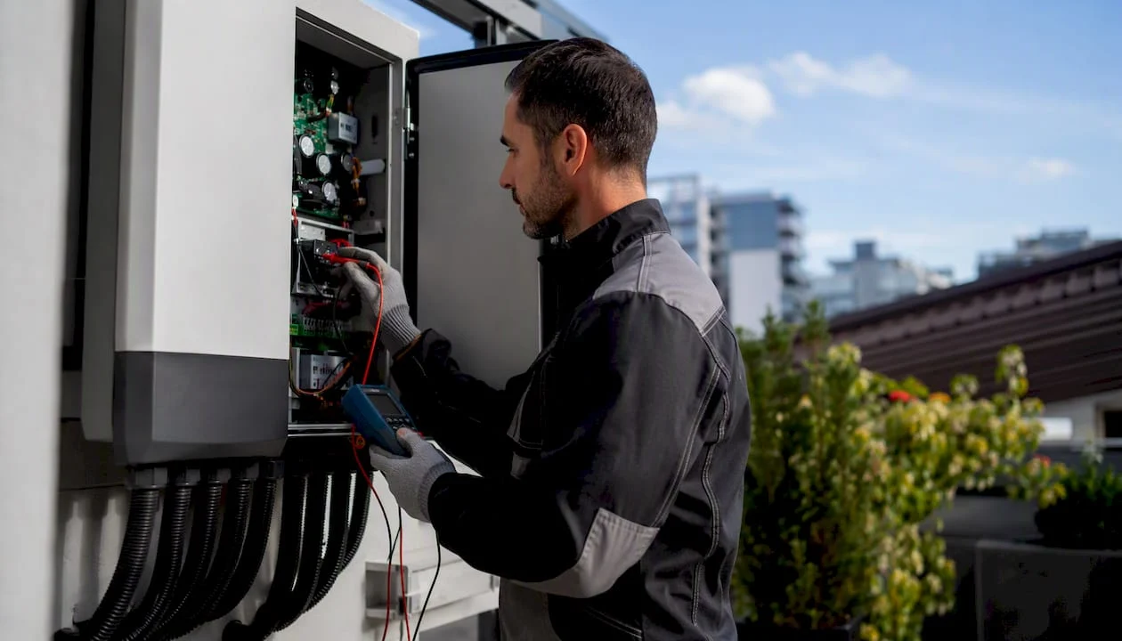 Elettricista impegnato nel controllo dell’inverter fotovoltaico