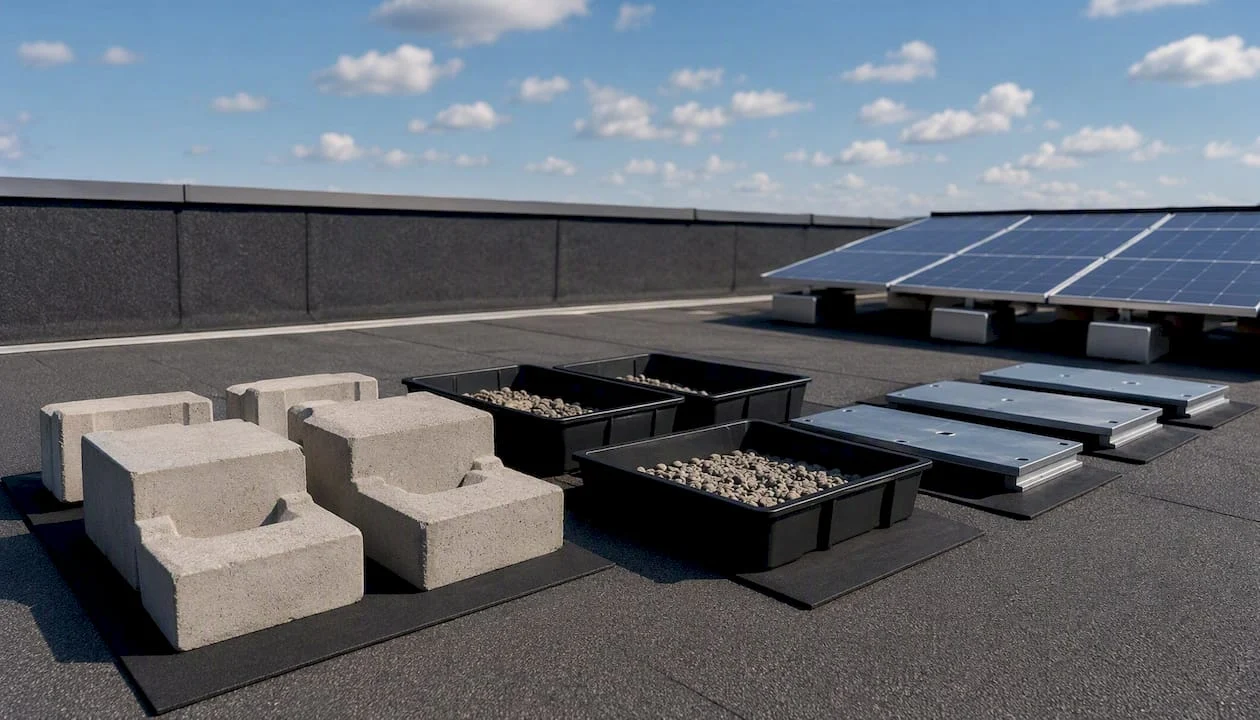 Diverse tipologie di zavorre per impianti fotovoltaici su tetto piano