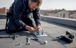 Tecnico al lavoro mentre fissa un punto di ancoraggio per la linea vita sul tetto