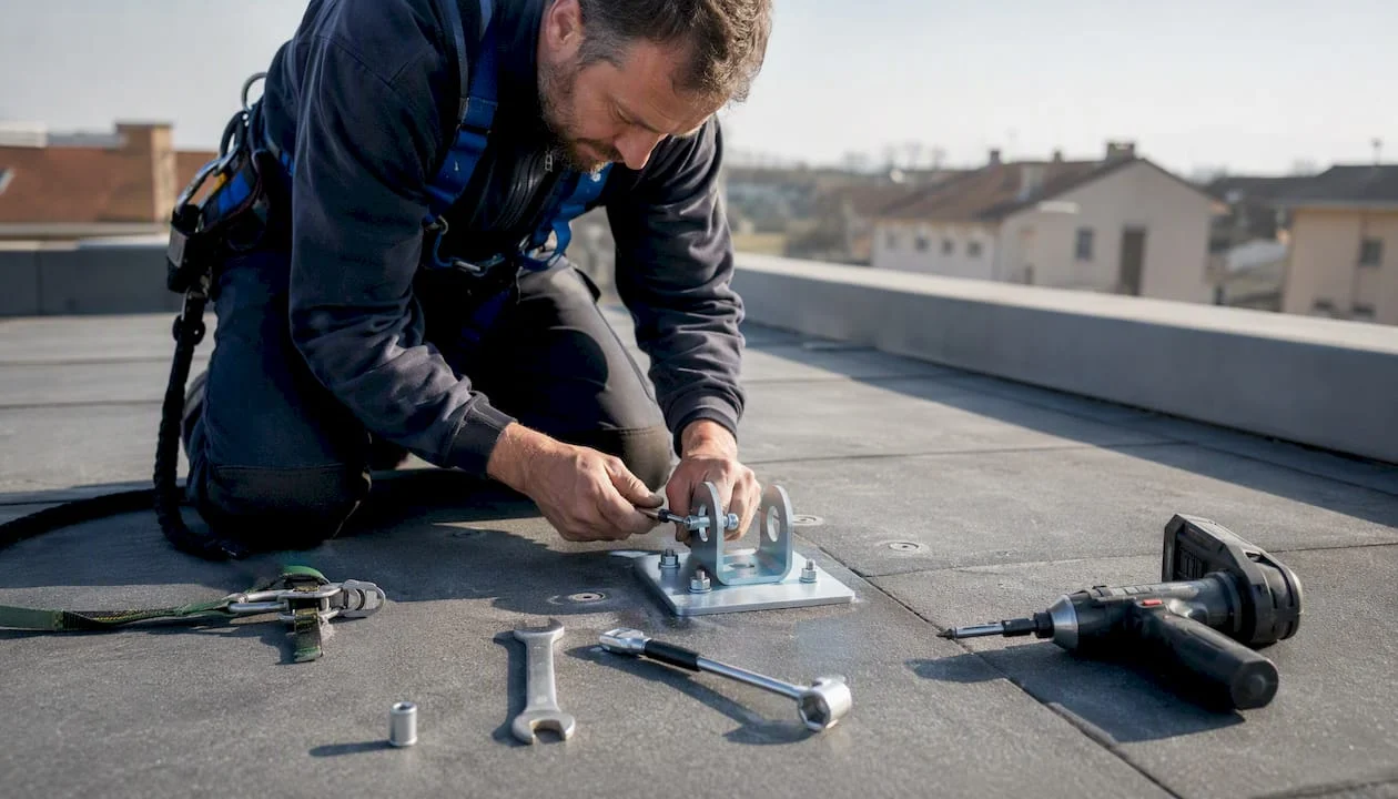 Tecnico al lavoro mentre fissa un punto di ancoraggio per la linea vita sul tetto