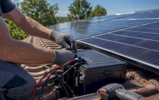 Tecnici specializzati stanno installando un sistema di accumulo fotovoltaico sul tetto.