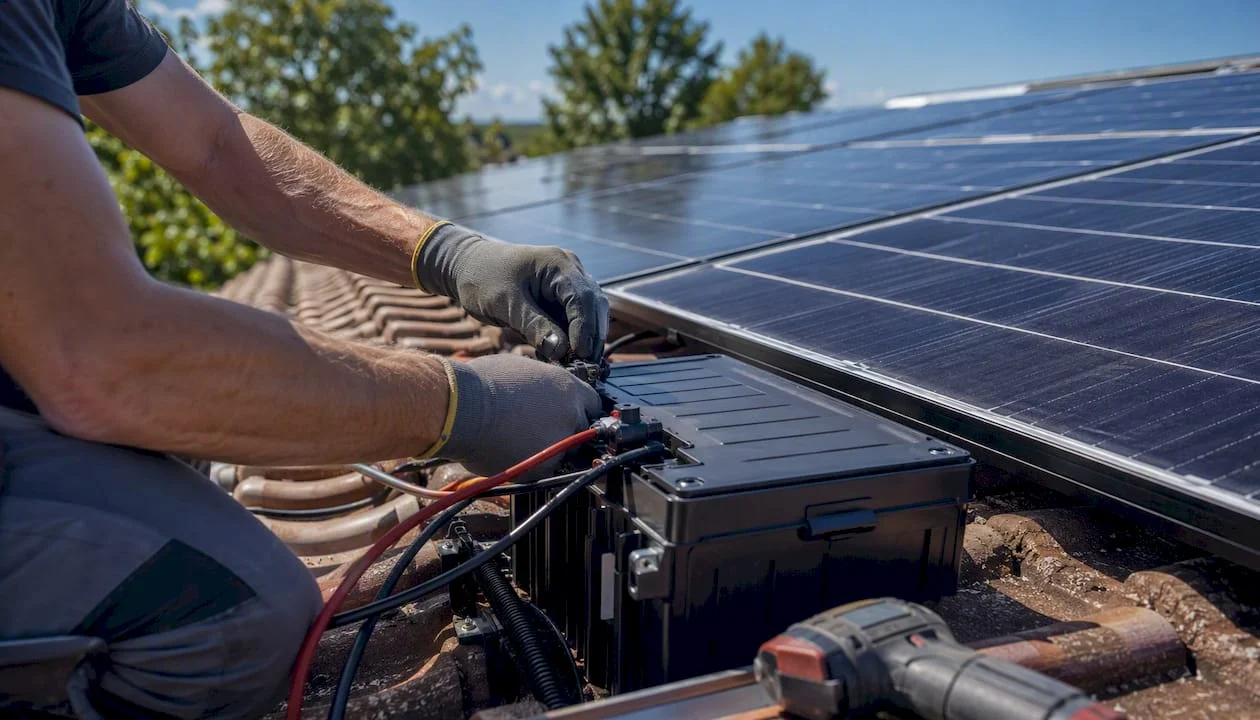 Tecnici specializzati stanno installando un sistema di accumulo fotovoltaico sul tetto.