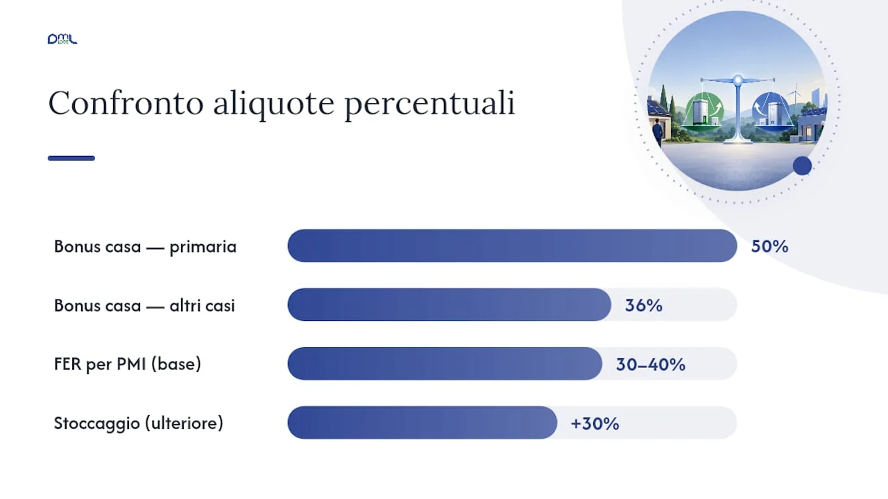 Il grafico mette a confronto le diverse aliquote e i requisiti previsti per gli incentivi sul fotovoltaico.