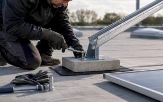 Mani al lavoro sul tetto piano per fissare il supporto di un pannello solare