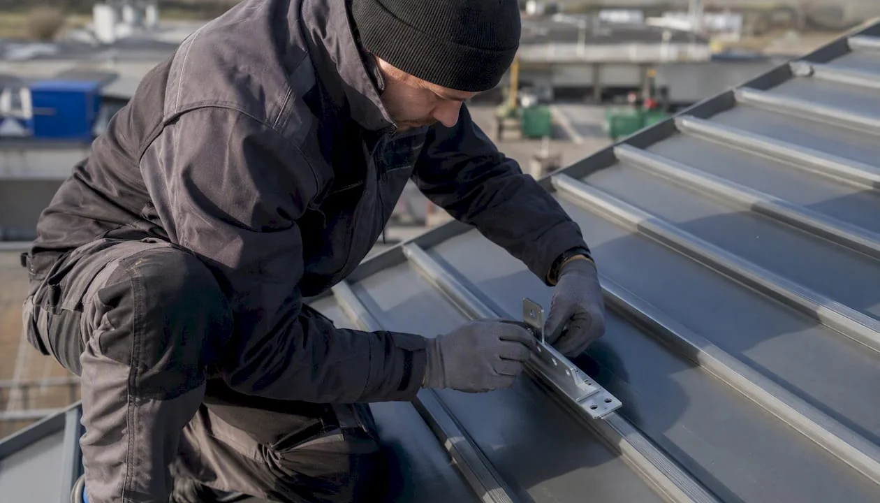Un tecnico al lavoro per installare un impianto fotovoltaico sul tetto di un’azienda.