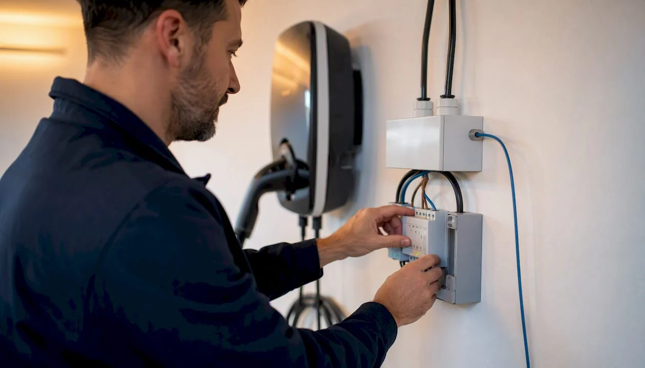 Mani che regolano il controller di carico dinamico della wallbox