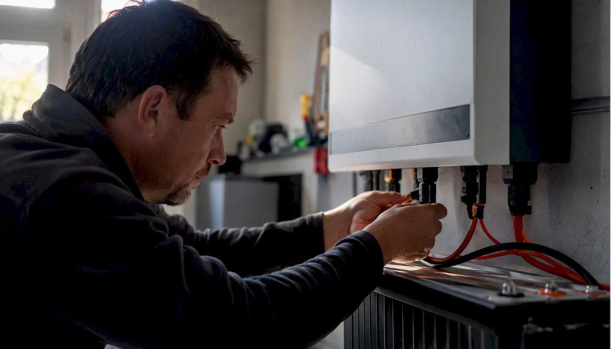 Mani al lavoro mentre collegano una batteria fotovoltaica all’inverter