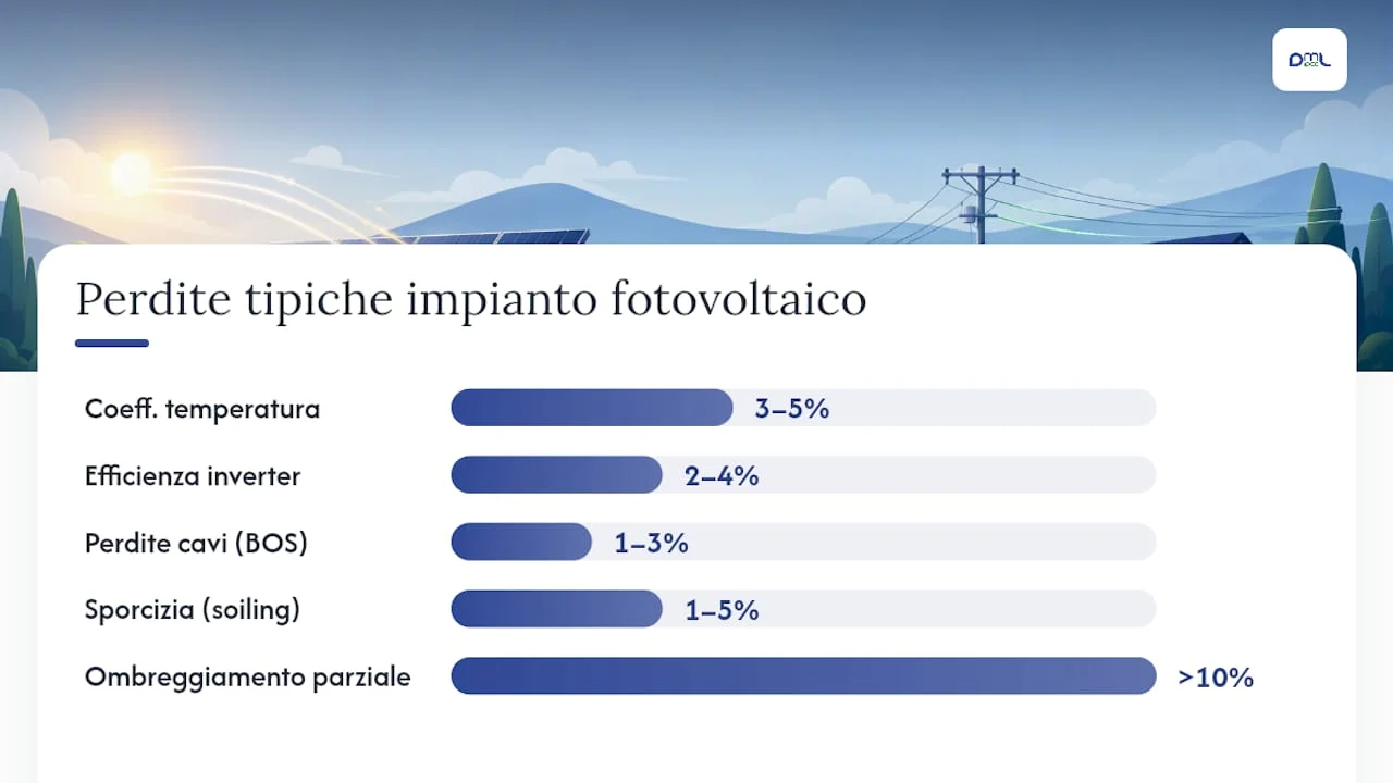 Schema delle principali perdite di energia in un impianto fotovoltaico