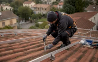 Un tecnico sta montando la struttura per i pannelli solari sul tetto di una casa.