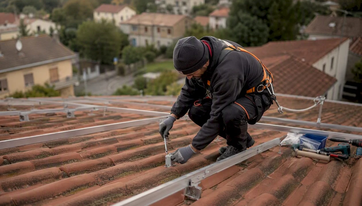Un tecnico sta montando la struttura per i pannelli solari sul tetto di una casa.