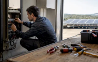 Un tecnico sta effettuando il collegamento dell’impianto fotovoltaico all’interno del locale tecnico.