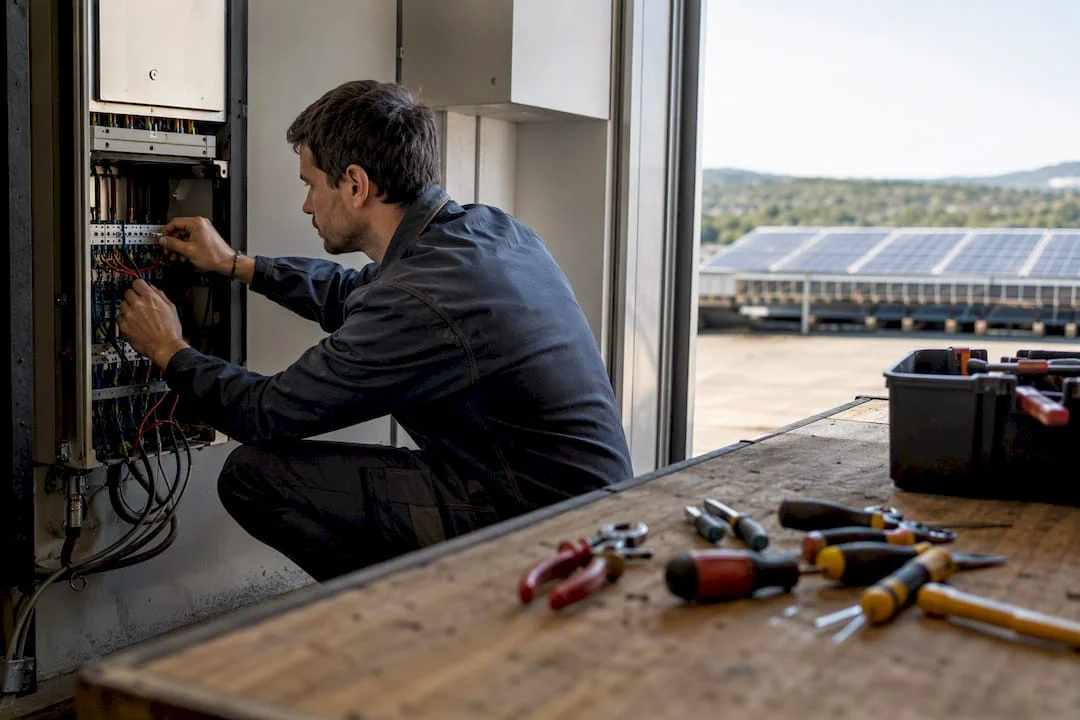 Un tecnico sta effettuando il collegamento dell’impianto fotovoltaico all’interno del locale tecnico.
