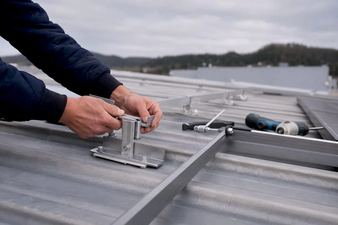 Tecnici specializzati al lavoro sull’installazione di un impianto fotovoltaico industriale.