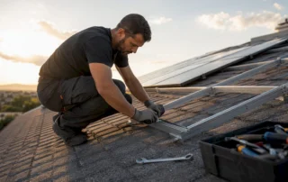 Mani che installano supporti per pannelli solari sul tetto