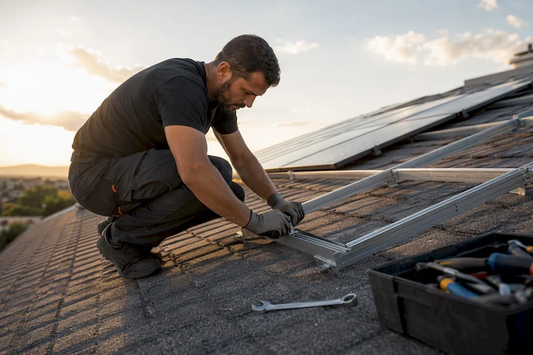 Mani che installano supporti per pannelli solari sul tetto