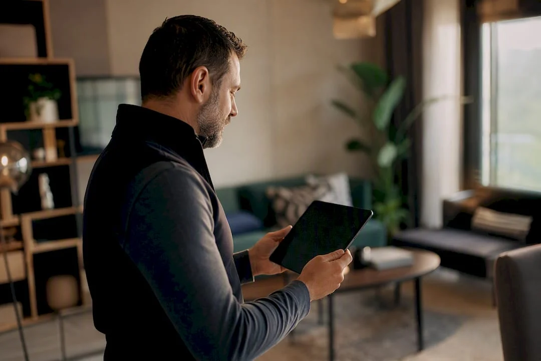 Mano di tecnico con tablet spento all'interno di un locale tecnico
