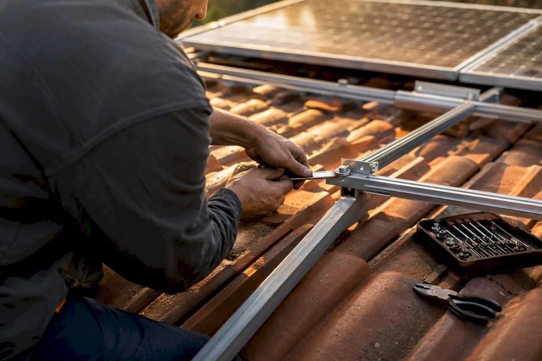 Tecnico che installa un impianto fotovoltaico sul tetto