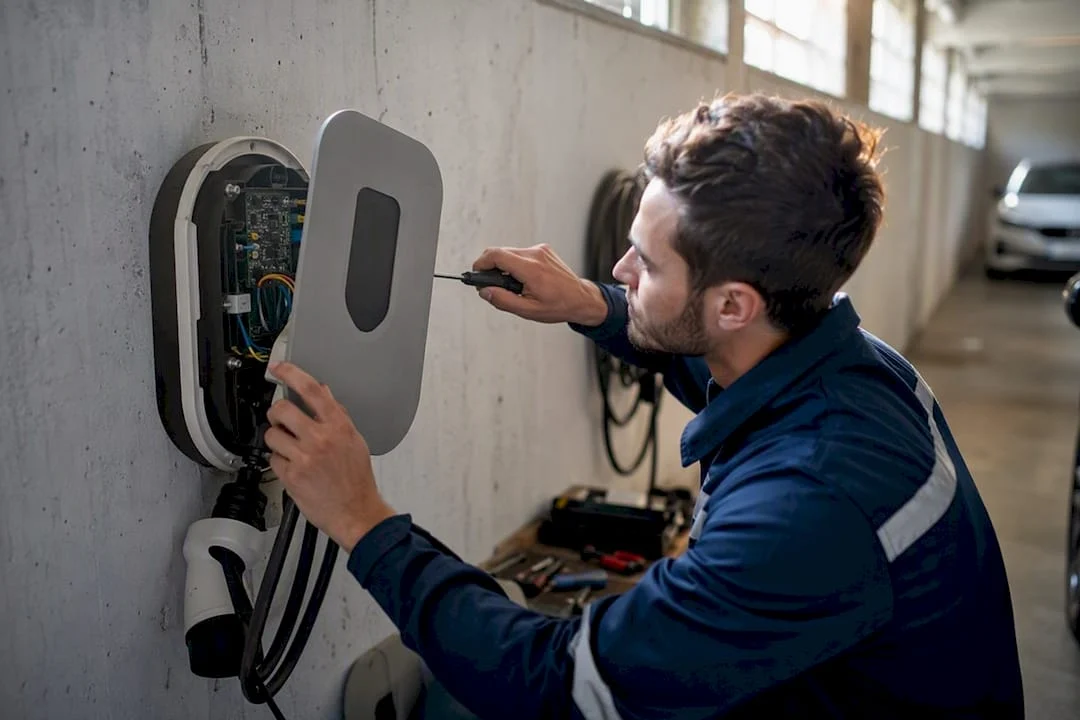 Tecnico al lavoro sulla manutenzione del caricatore per veicoli elettrici nel garage