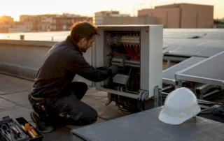 Tecnico collega i cavi del pannello fotovoltaico