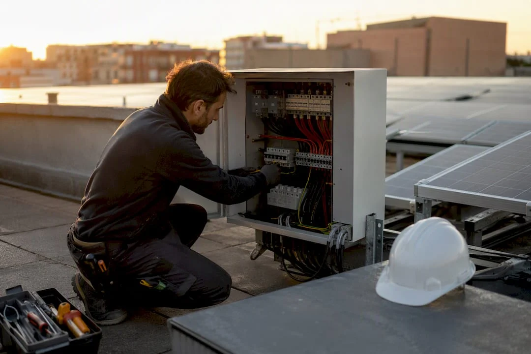 Tecnico collega i cavi del pannello fotovoltaico